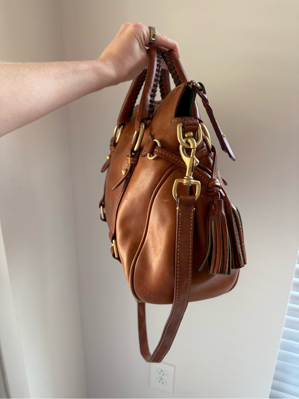 Dooney & Bourke Cognac Leather Tote with Tassels - Picture 4 of 6